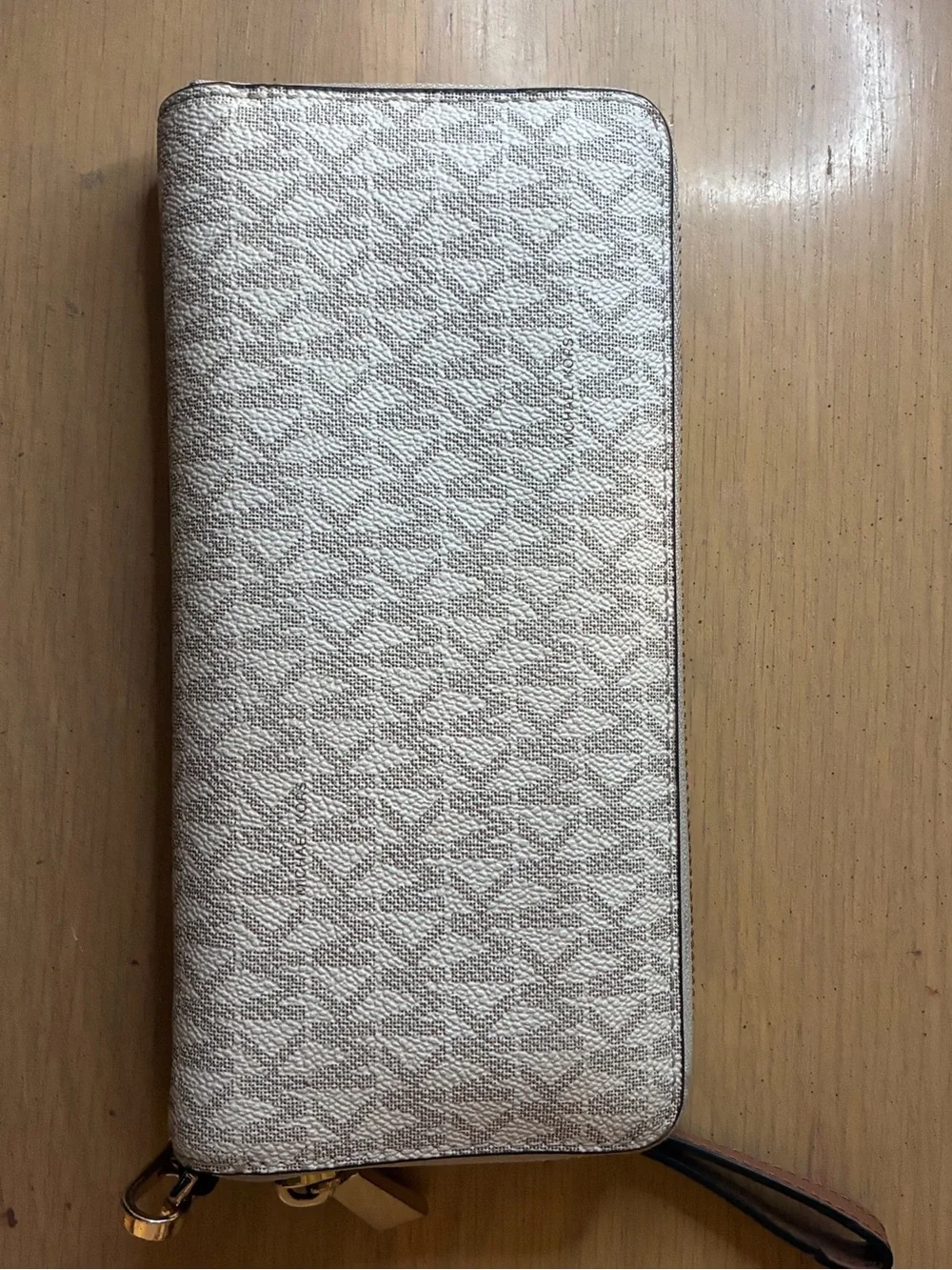 Michael Kors Silver Metallic Logo Zip Wristlet with Brown Strap